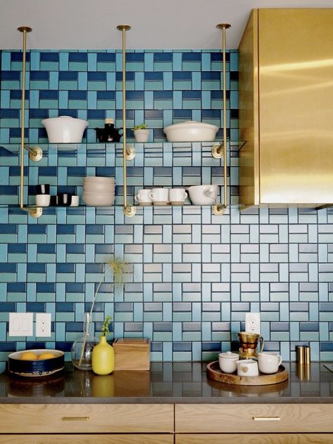 Modern Mid Century Kitchen, Mid Century Kitchen Remodel, Modern Kitchen Backsplash, Kitchen Backsplash Designs, Mid Century Modern Kitchen, Kitchen Design Trends, Mid Century Kitchen, Kitchen Design Decor, Blue Tiles