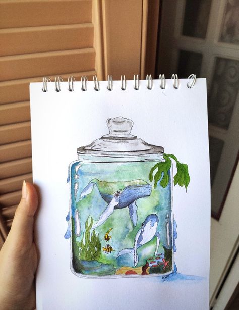 Magic jar Jar Drawing Aesthetic, Magic Jar, Jar Watercolor, Watercolour Sketches, Prayer Jar, Underwater Painting, Watercolor Whale, Art Whimsical, Jar Design