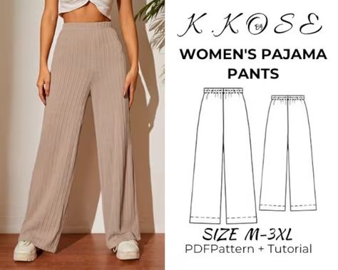 ByKKosePattern - Etsy Türkiye Jersey Pajama Pants, Pajama Sewing Pattern Women, Yoga Pants Sewing Pattern, Pyjamas Sewing Pattern, Lounge Wear Sewing Patterns, Pajama Set Sewing Pattern, Pj Sewing Pattern, Sewing Pants For Women, Knit Pants Pattern