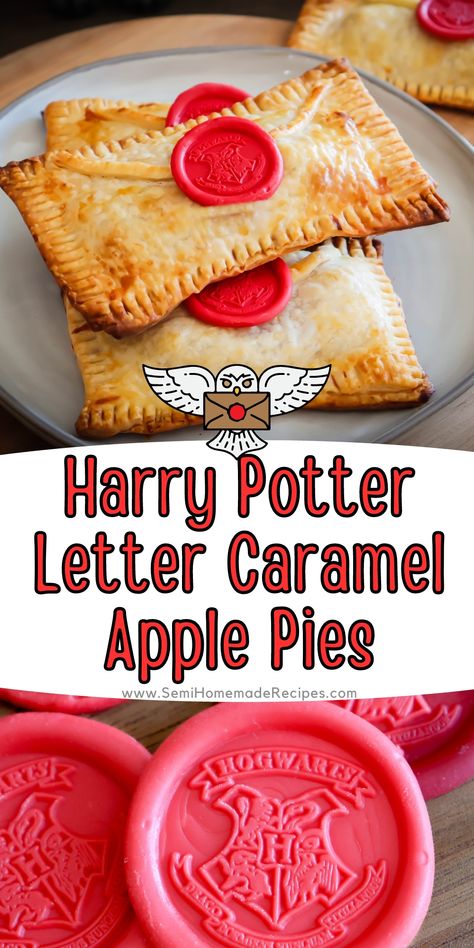 Harry Potter received his Hogwarts letter and you can too! Well, you can have the caramel apple pie version of his letter! These Harry Potter Letter Caramel Apple Pies hand pies are made to look like Harry's Hogwarts letter, complete with an edible Hogwarts candy "wax seal". Caramel Apple Pies, Harry Potter Food Ideas, Harry Potter Dinner, Harry Potter Desserts, Harry Potter Treats, Harry Potter Snacks, Harry Potter Parties Food, Harry Potter Letter, Harry Potter Movie Night