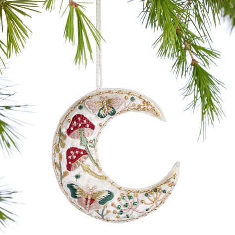 Ivory Velvet Embroidered Crescent Moon Ornament - World Market World Market Christmas Decor, Witchy Ornaments, Moth Ornament, Scandinavian Ornaments, Embroidered Christmas Ornaments, Moon Ornament, Rugs Outdoor, Felt Crafts Patterns, Nordic Christmas