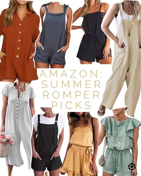 Amazon Romper Women, Summer Romper Outfit Casual, Trendy Short-sleeved Jumpsuits And Rompers For Day Out, Summer Button-up Jumpsuits And Rompers For Vacation, Non-stretch Vacation Overalls And Rompers, Romper Outfit Casual, Casual Short-length Jumpsuits And Rompers For Vacation, Summer Vacation Button-up Jumpsuits And Rompers, Casual Summer Rompers