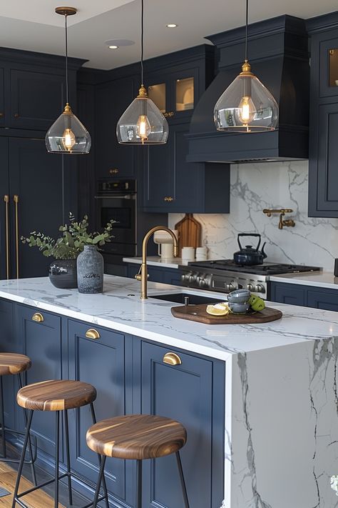 Looking to refresh your kitchen with a splash of color? Discover the 24 best blue kitchen design ideas to inspire you! From serene navy tones to vibrant cobalt accents, these ideas will help you create a stylish and inviting culinary space. 💙🍽️ #BlueKitchen #KitchenDesign #Kitchencolor Blue Gray Kitchen Decor Ideas, Kitchen Cabinet Color Ideas Dark Blue, Kitchen Design With Blue Cabinets, Grey White And Blue Kitchen, Ikea Matte Blue Kitchen, Small Kitchen Ideas Blue Cabinets, Kitchen With Navy Accents, Navy Blue House Interior, Kitchen Design Blue Cabinets