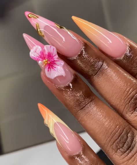 Vacation Long Nails, Carribean Acrylic Nails, Topical Acrylic Nails, Island Girl Nails, Island Vacation Nails, Vacation Nails 3d Flower, Almond Acrylic Nails Designs, Kutek Disney, Unghie Sfumate