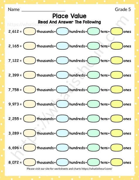 The grade 5 students can use this worksheet and they will need to fill it with thousands, hundreds, tens and ones.  For example, if the value is 8,365 then the filling values will be 8 thousands, 3 hundreds, 6 tens and 5 ones.Please download the PDF Place value worksheet for Grade 5 Class 3 Maths, Value Worksheet, Place Value Worksheets, Math Place Value, Tens And Ones, Studying Math, Place Value, Place Values, Grade 5