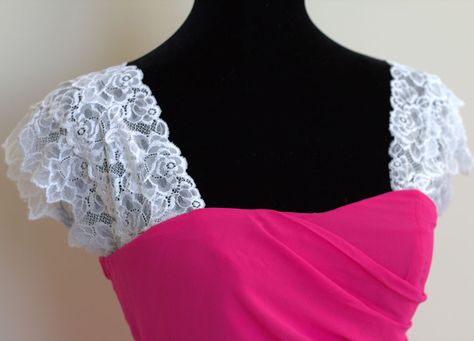 Adding Top To Strapless Dress, How To Add Straps To A Strapless Dress, Add Straps To Strapless Dress Diy, Make Dress Strapless, Adding Sleves To Strapless Dress, Diy Lace Sleeves, Modest Prom Gowns, Lace Diy, Lace Straps