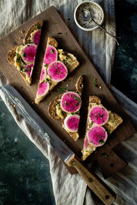 Watermelon Radish Recipe, Rhubarb Recipes Crisp, Miso Butter, Radish Recipes, Watermelon Radish, Fall Breakfast, Breakfast Toast, Watermelon Recipes, Crisp Recipe