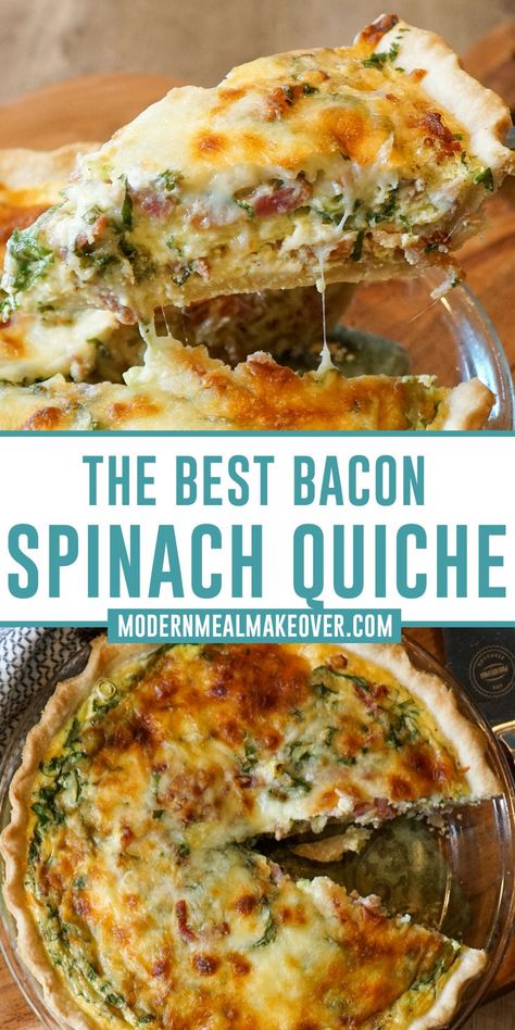 Breakfast Quiche Recipes Easy, Bacon Quiche Recipe, Bacon Spinach Quiche, Spinach Quiche Recipes, Fancy Brunch, Homemade Pie Crust, Breakfast Quiche Recipes, Quiche Recipes Easy, Cheese Spinach