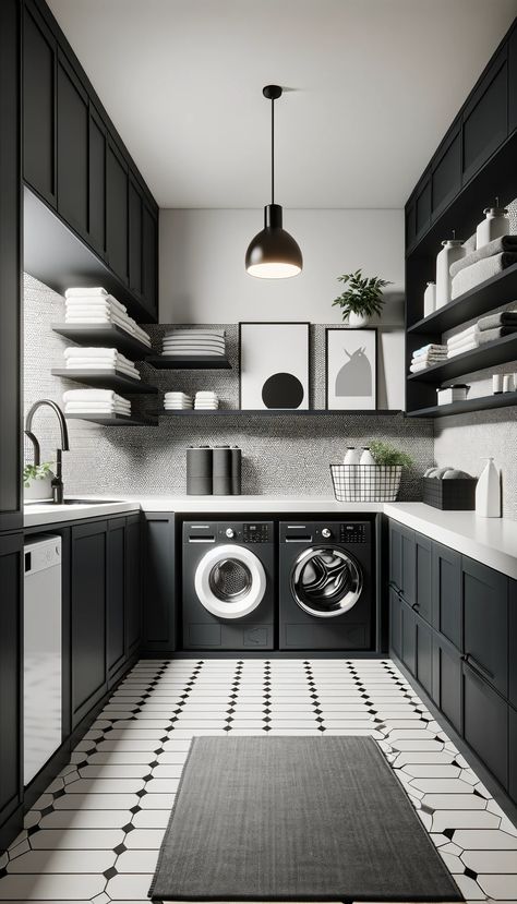 Medium Laundry Room Ideas, Black Laundry Room Ideas, Black And White Laundry Room, Minimalist Laundry Room, Half Bathroom Decor Ideas, Elegant Laundry Room, Contemporary Laundry Room, Black Laundry, White Laundry Rooms