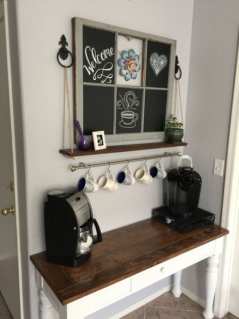 Coffee bar with vintage 6 pane chalkboard window pane and a rope shelf 6 Pane Window Ideas Decor, Window Pane Projects, Coffee Bar Shelf, Chalkboard Window, Christmas Coffee Bar, Old Window Decor, Old Window Projects, Shelf Window, Old Window Frames