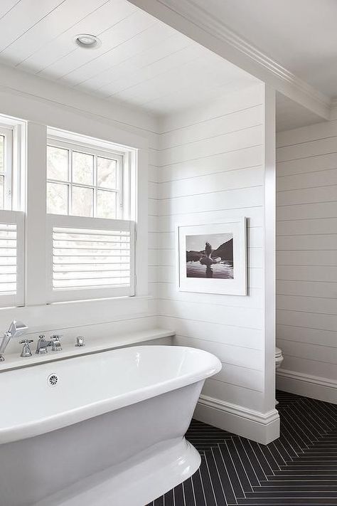 window shutters / slats Black Herringbone Floor, Herringbone Floor Tiles, Cafe Shutters, Ledge Decor, White Grout, Bathroom Window, Black Herringbone, Transitional Bathroom, Herringbone Floor