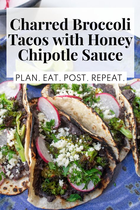 A blue plate is filled with bean and broccoli tacos in charred tortillas topped with radishes and crumbled cheese. Broccoli Tacos, Brussels Sprout Tacos, Chipotle Veggies Copycat, Broccoli Tacos Vegan, Roasted Vegetable Tacos, Tempeh And Broccoli, Honey Chipotle Sauce, Asian Broccoli, Charred Broccoli