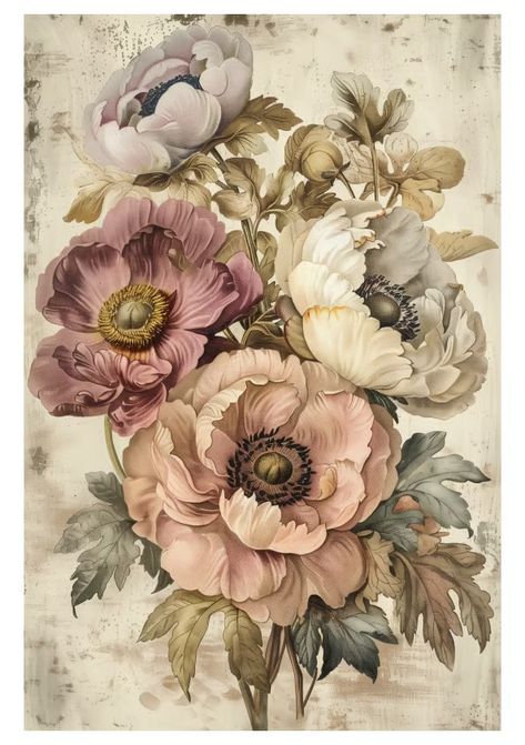 361 Vintage Watercolor of Peonies, Anemones and Hollyhocks - Payhip Aesthetic Painting For Wall, Wall Decor Ideas Bedroom, Decoupage Paper Printable, Vintage Paper Printable, Decor Paintings, Large Canvas Painting, Vintage Flower Prints, Vintage Watercolor, Wall Paintings