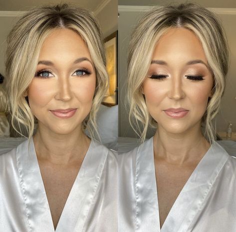 Bridal Makeup Blue Eyes Black Hair, Natural Elopement Makeup, Wedding Rehearsal Makeup, Make Up Looks Bridesmaids, Wedding Make Up Bridesmaid Natural Looks, Neutral Glam Makeup Wedding, Blonde Wedding Hair Updo Front View, Bridesmaid Makeup For Blondes, Wedding Makeup Looks Blonde