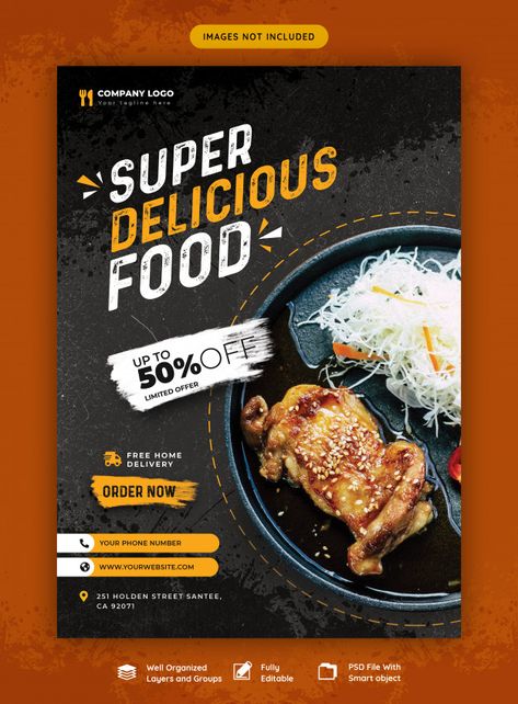 Food menu and restaurant flyer template | Premium Psd #Freepik #psd #banner #flyer #poster #food Food Promotion, Restaurant Poster, Food Flyer, Ayam Bakar, Restaurant Flyer, Food Banner, Food Menu Design, Food Advertising, Food Graphic Design