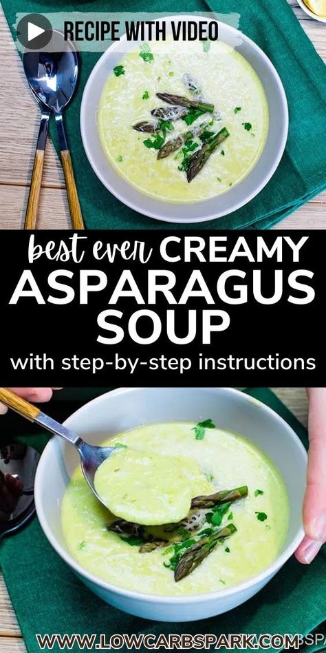 Learn how to make this classic French-style creamy asparagus soup perfect for a weeknight dinner! Enjoy a quick and delicious bowl of cream of asparagus soup in just 20 minutes. Full of veggies, light, and easy soup, this healthy creamy asparagus soup is super comforting and loaded with flavors. Best Cream Of Asparagus Soup Recipe, Creamy Asparagus Soup, Asparagus Soup Recipe, Ya Ya Sisterhood, Love Recipe, Cream Of Asparagus Soup, Creamed Asparagus, Buttered Toast, Creamy Asparagus