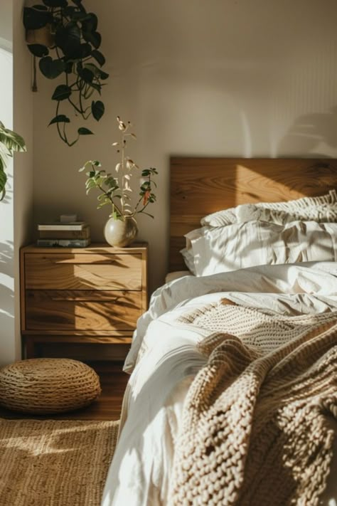 Sunlit cozy bedroom corner with an unmade bed, wooden nightstand with books, a potted plant, and a woven floor cushion. Comfy Homes, Minimal Boho Bedroom, Earthy Modern Bedroom, Minimalist Boho Bedrooms, Boho Minimalist Bedroom, Scandinavian Bedrooms, Earthy Minimalist, Rustic Bedroom Ideas, Tree Bedroom