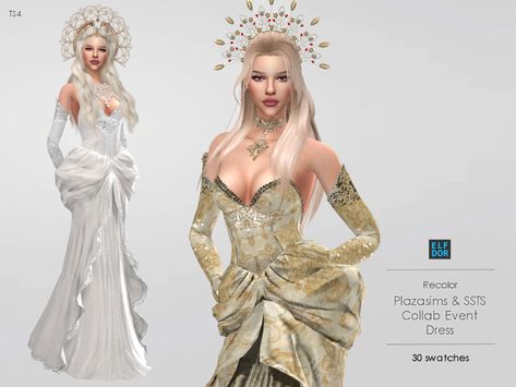 Plazasims & SSTS Collab Event Dress RC - ELFDOR Sims 4 Evening Dress, Sims 4 Corset Dress, Sims 4 Cc White Dress, Royal Dress Aesthetic, Opera Dress, Sims 4 Cc Hair, Celestial Dress, Clothes Cc, Victorian Gown