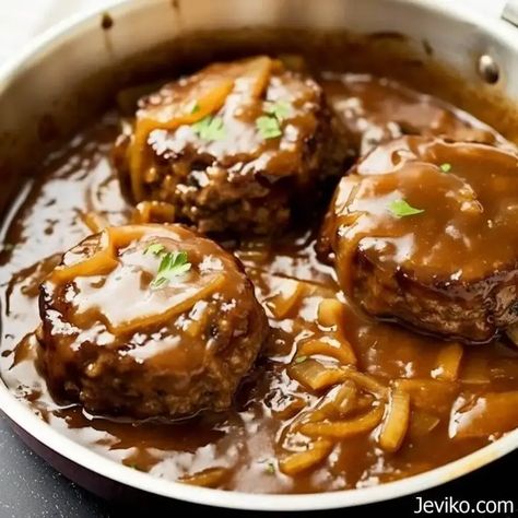 HAMBURGER STEAKS WITH BROWN GRAVY Hamburger Pattie’s With Brown Gravy, Hamburger Steaks With Brown Gravy, Hamburger Steak With Brown Gravy, Chopped Steak Recipes, Meatloaf Patties, Hamburger Steak And Gravy, Hamburger Steaks, Comfort Meals, Juicy Hamburgers