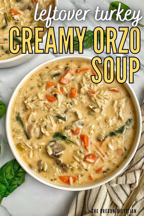 Wondering what to do with leftover turkey? Make this healthy soup! This amazing leftover turkey orzo soup is the perfect way to use up your shredded roast turkey! It's creamy & delicious with a healthy spinach and vegetable twist! After Thanksgiving, this easy leftover turkey idea is the perfect soup to make with your leftovers! With spinach, italian seasonings, this creamy homemade turkey soup is healthy, light, and filling. It's the perfect soup idea for your Thanksgiving leftover turkey! Leftover Thanksgiving Soup Recipes, Orzo Turkey Soup, Soup With Turkey Leftovers, Turkey Orzo Soup, Turkey Orzo, Jennifer Goodwin, Turkey Soup Crockpot, Shredded Roast, Thanksgiving Soup Recipes