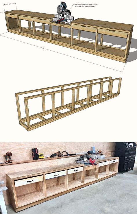 Wall Workbench, Workbench With Drawers, Building A Workbench, Pony Wall, Workbench Plans Diy, Woodworking Shop Plans, Kabinet Dapur, Woodworking Shop Layout, Diy Workbench