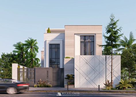 Villa design in Saudi Arabia with simple modern STYLE , solid walls , large window openings Travertine marble, JOTUN - Jazz White , 7236 New Classic Villa, Compound Wall Design, Apartment Exterior, Luxury Exterior, Boundary Wall, House Outer Design, Mosque Design, Classic House Exterior, Futuristic Home