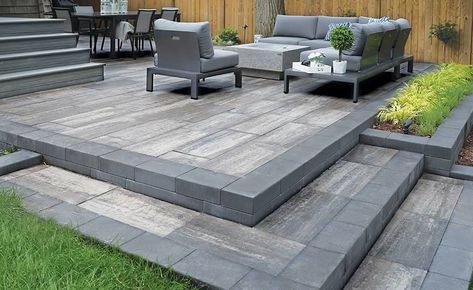 Stone Backyard, Stone Deck, Tiles Designs, Paver Designs, Raised Patio, Patio Pavers Design, Exterior Wall Tiles, Wall Decoration Ideas, Paved Patio