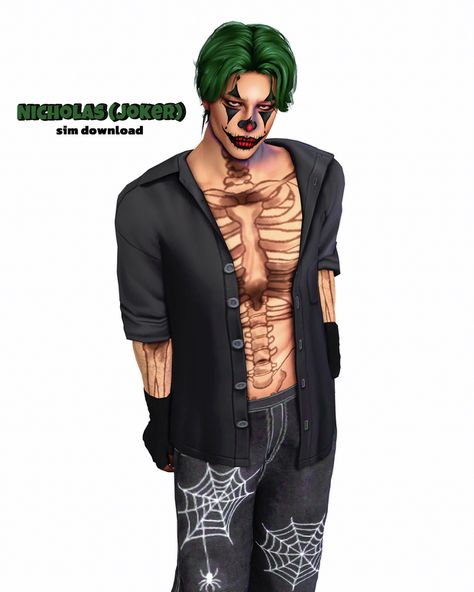 Nicholas (Joker) | sim download | Patreon Joker Sims 4 Cc, Ts4 Skin, Male Vampire, Joker Makeup, Joker Costume, Makeup Cc, Skin Details, Face Painting Halloween, Mens Halloween Costumes