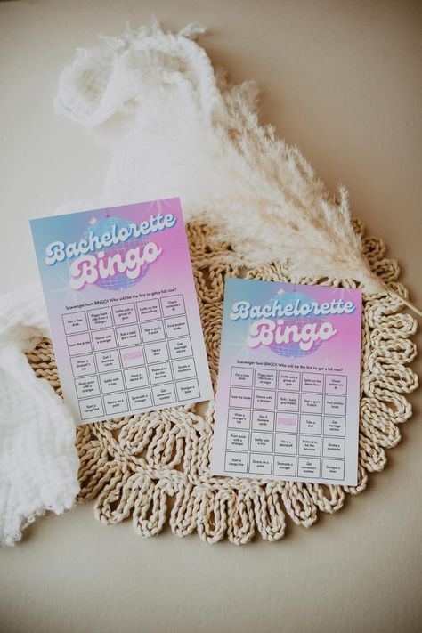 Get ready for a unique and hilarious game with our Bingo Scavenger Hunt Game for your Last Disco Bachelorette Party! This funny drinking game is the perfect addition to any Retro Bach or 70s Dazed & Engaged Hippie Hen Party, and is sure to have your guests laughing all night long. The game is a combination of Bingo and Scavenger Hunt, where guests will compete to fill up their Bingo card with tasks they complete within a set time limit. The first person to complete their Bingo card wins! Disco Bachelorette Games, Hen Party Last Disco, Bachelorette Party Bingo, Disco Theme Hens, Hens Night Games Bingo, Funny Drinking Games, Bride Sign, Scavenger Hunt Games, Bach Party