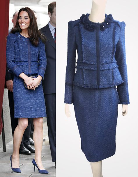 Navy tweed boucle suit with fringe trim inspired by Duchess Kate Middleton Chanel Office, Tweed Suit Women, Tweed Boucle Jacket, Tweed Jacket And Skirt, Kate Middleton Style Outfits, Tweed Fashion, Chanel Jackets, Kate Middleton Dress, Wife Style