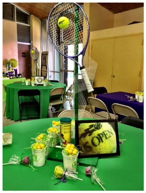 Tennis themed centerpieces Tennis Decorations, Tennis Birthday Party, Wimbledon Party, Tennis Party Decorations, Banquet Centerpieces, Themed Centerpieces, Tennis Birthday, Sports Party Decorations, Tennis Art