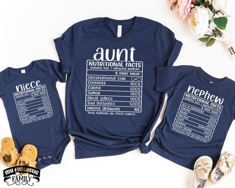 Aunt, niece and nephew nutritional facts matching shirts! Funny matching nutrition facts aunt and me outfit for aunt and niece, aunt and nephew and aunt and baby! Aunt Niece Nephew Nutritional Facts Shirts, Matching Aunt And Me Outfit, New Aunt New Baby, Aunt And Niece, Aunt And Nephew, Nutrition Facts Check out our full catalog of awesome here: https://www.etsy.com/shop/MyFuntasticFamily HOW TO ORDER: All shirts are added individually to the basket. * Choose shirt size & model. * Choose shirt t Aunt And Nephew Matching Outfits, Matching Aunt And Niece Shirts, Aunt Tattoo For Niece And Nephew, Aunt And Nephew Shirts, Uncle And Niece, Uncle And Nephew, Aunt And Niece Shirts, Aunt Quotes, Baby Aunt