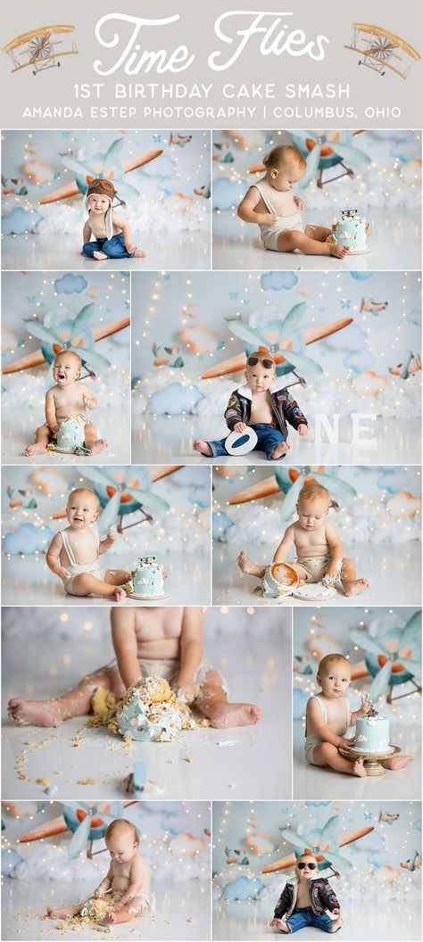 A vintage style Time Flies baby boy cake smash session. Baby boy in tan linen shorts and suspenders with sky, clouds, and vintage airplane backdrop and smashing a matching cake. Time Flies Cake, Time Flies First Birthday, First Birthday Baby Boy, Baby Boy Cake Smash, Time Flies Birthday, Birthday Baby Boy, Boy Cake Smash, Cake Smash Inspiration, Boys First Birthday Cake