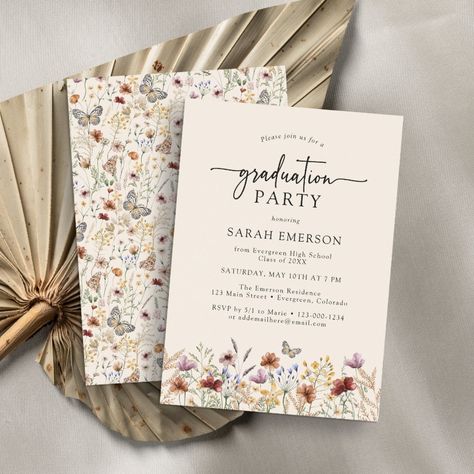 Boho Floral Graduation Invitation  Zazzle Classy Graduation Party Decorations, Senior Invitation Ideas, Wildflower Graduation Party, Grad Brunch, Graduation Tea, Elegant Graduation Party, Grad Invites, Boho Graduation, Grad Party Theme