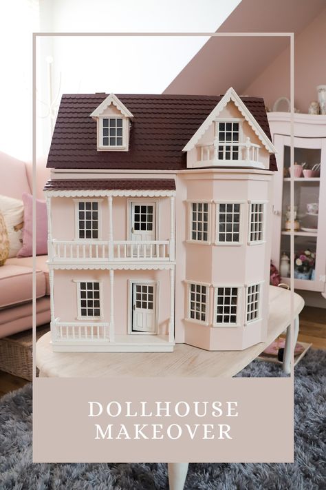 Pink Dollhouse makeover Dollhouse Makeover Diy Ideas, Kmart Dollhouse Mansion, Dollhouse Exterior Colors, Doll House Exterior Colors, Pink Dollhouse Exterior, Plastic Dollhouse Makeover Diy, Dollhouse Painting Ideas, Sylvanian Families House Makeover, Wooden Dollhouse Makeover