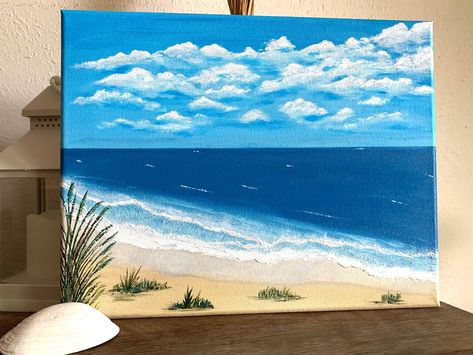 Easy Horizontal Paintings, Seaside Paintings, Easy Landscape Paintings, Horizontal Painting, Easy Canvas, Easy Canvas Art, Unique Beach, Acrylic Painting For Beginners, Blue Beach