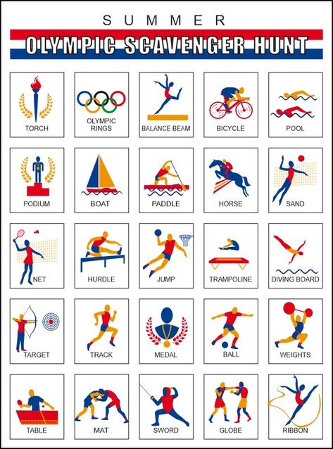 Print out a Summer Olympics Scavenger Hunt for each of the kids and see the excitement build as they look forward to all the events. You can use the Olympi Olympic Themed Activities, Summer Olympics Crafts, Summer Olympics Activities, Summer Olympics Party, Vbs Olympics, Preschool Olympics, Olympic Theme Party, Olympic Games For Kids, Events For Kids