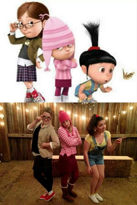 Halloween Costume: Despicable Me- Margo, Edith, and Agnus. #despicableme 3 People Halloween Costumes, 3 People Costumes, Money People, Drawing Dress, Trio Costumes, Cute Group Halloween Costumes, Matching Halloween Costumes, Bff Halloween Costumes, Halloween Coustumes