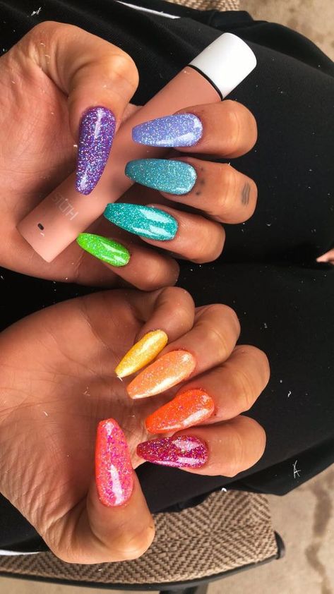 Rainbow Nails With Glitter, Glitter Nails Rainbow, Rainbow Sparkly Nails, Pride Glitter Nails, Colourful Glitter Nails, Sparkly Colorful Nails, Rainbow Nail Polish, Rainbow Glitter Nails Acrylic, Classy Bling Nails