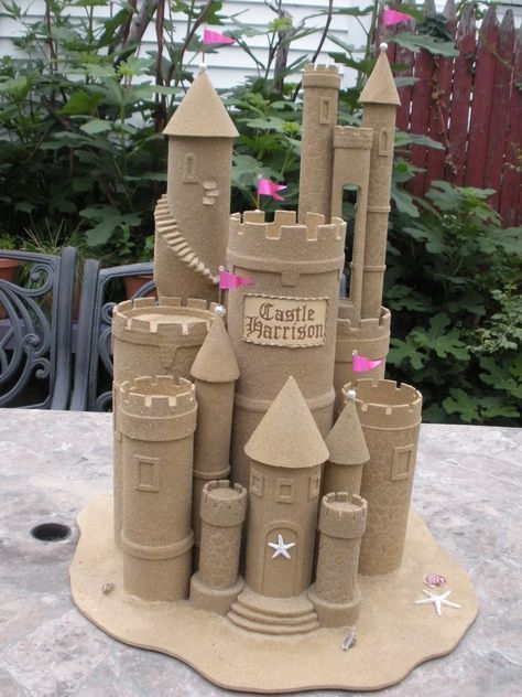 Sand Castle. Mostly cardboard, glue, and sand....but you have to put a lot of love into it. Diy Sandcastle Cardboard, Diy Sand Castle Decoration, Cardboard Sandcastle, Sand Castle Ideas, Sand Castle Craft, Sandcastle Ideas, Cardboard Box Castle, Clay Castle, Kids Drawing Ideas