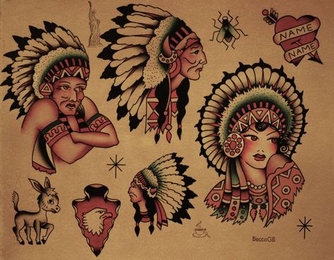 Sailor Jerry Flash  I do LOVE the Native American tattoos. Love he colors, and detail of the feather headdresses. Native American Tattoo Flash, Native American Tattoos For Men, American Tattoos For Men, American Tattoo Flash, Sailor Jerry Flash, Sailor Jerry Tattoo Flash, Bodysuit Tattoos, Dragon Tattoo Back Piece, Monami Frost