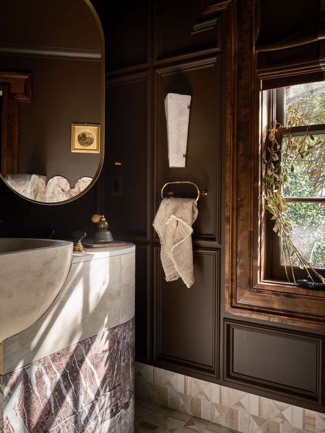 Dark Brown Bathroom, Ford Interior, The Shade Store, Show House, Shade Store, Artistic Tile, Hill Interiors, Brown Bathroom, Interior Design Photos