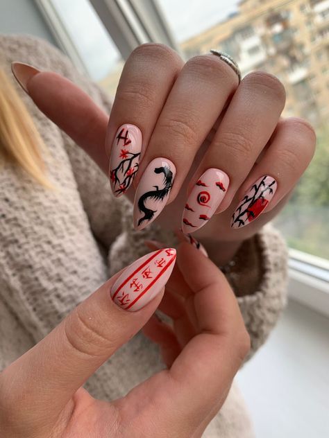 Japan Nail Art, Japan Nail, Dragon Nails, Animal Nail Art, Anime Nails, Edgy Nails, Grunge Nails, Animal Nails, Kawaii Nails