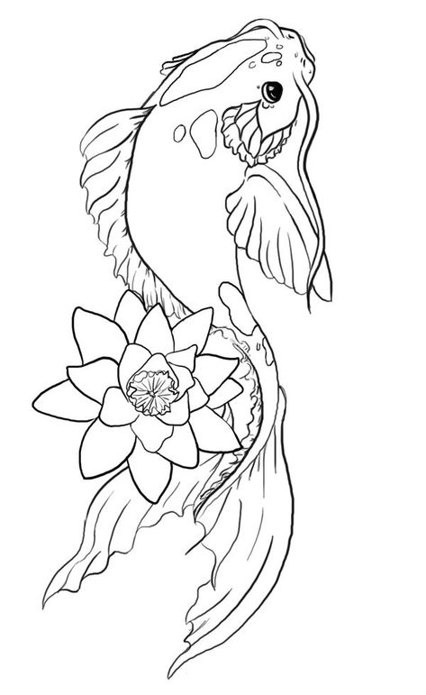 Lovely outline koi fish tattoo design and flower by Mercy Murrain Coy Fish Drawing Simple, Koy Fish Draw, Koi Fish With Flowers, Koi Fish Drawing Tattoo, Koi Fish Illustration, Koi Fish Colors, Karp Koi, Coy Fish, Koi Fish Drawing