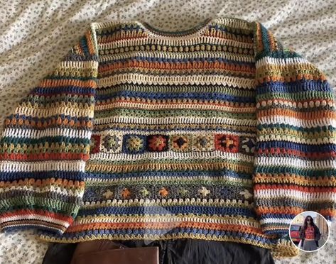 Crochet Grampa Sweater, Crochet Sweater Hippie, Granny Square Patchwork Sweater, Grandpa Sweater Crochet, Crochet Grandpa Sweater Pattern, Funky Crochet Sweater, Deftones Crochet, Crochet Autumn Sweater, Granola Crochet