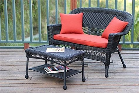 Jeco W00207LCS018 Black Wicker Patio Love Seat And Coffee Table Set With Red Orange Cushion * For more information, visit image link. Black Wicker Furniture, Black Wicker, Wicker Bedroom, Orange Cushions, Patio Loveseat, Wicker Decor, Coffee Table Set, Green Cushions, Red Cushions