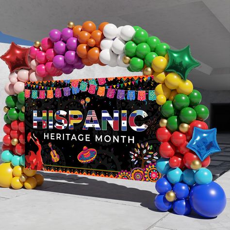 PRICES MAY VARY. 【PACKAGE INCLUDED】161PCS - Hispanic Heritage Month large backdrop(71x43.3in), Dark blue balloon(18"×1,10"×8), Yellow balloon (18"×1,10"×15,5"×6), Red balloon (10"×15,5"×6), Green balloon (10"×15), Light blue/blue/light green/pink/purple/rose red/orange/white balloon (each 10"×8), Light blue/Light green (each 5"×6), Gold (5"×10), 16ft long balloon strip x 1, 100pcs balloon dot glue x 1, Red/Green/Blue star balloon x1, Instruction x1. 【HIGH-QUALITY】 Our Hispanic heritage month dec Hispanic Heritage Month Decorations, Decorations For Classroom, Month Decorations, How To Make Garland, Blowing Up Balloons, Yellow Balloons, Mexican Heritage, Blue Balloon, Balloon Twisting