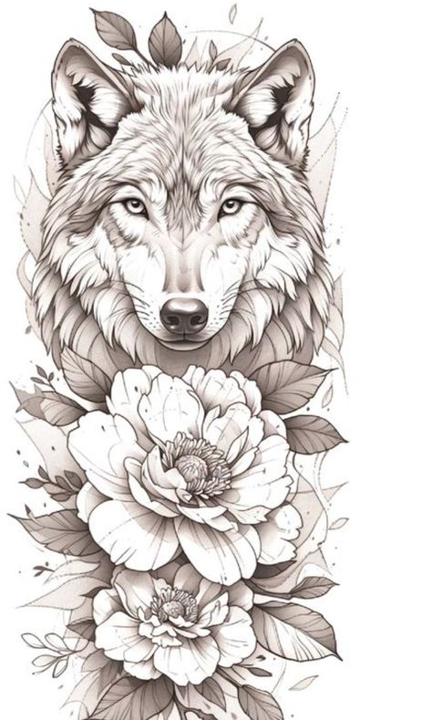 Wolf And Flowers Tattoo, Insects Reference, Stencil Outline, Flower Tattoo Drawings, Wolf Tattoo Design, Tattoos Women, Leg Tattoos Women, Fox Tattoo, Tattoo Stencil Outline