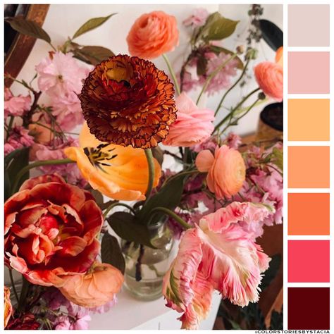 Fall Colored Flowers, Fall Birthday Color Schemes, Bold Fall Wedding Colors, Pink And Orange Fall Color Palette, Fall Color Flowers, Fall Pink Color Palette, Orange And Pink Fall Wedding Colors, Pink Orange Fall Wedding, Fall Floral Color Palette