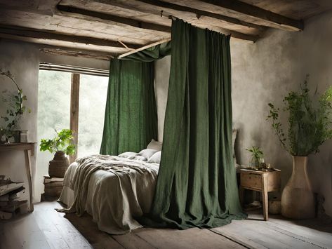 "For simple use as Canopy bed curtain - choose hanging type - ties top. Elevate your living space with our exquisite Linen Window Curtain - a perfect blend of farmhouse charm and modern elegance. This custom-sized curtain, featuring a rod pocket design, adds a touch of rustic opulence to your home. Crafted from heavy linen, it not only enhances your window but also serves as a stunning drapery panel. The natural linen shade exudes warmth, creating a cozy ambiance in your living room. The heavywe Curtain Over Bed, Linen Canopy, Bed Drapes, Canopy Bed Curtains, Canopy Curtains, Sage Green Bedroom, Long Drapes, Linen Curtain, Farmhouse Curtains